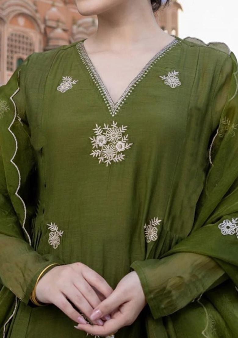 Olive Embroidered Cotton Kurta Set - Indya