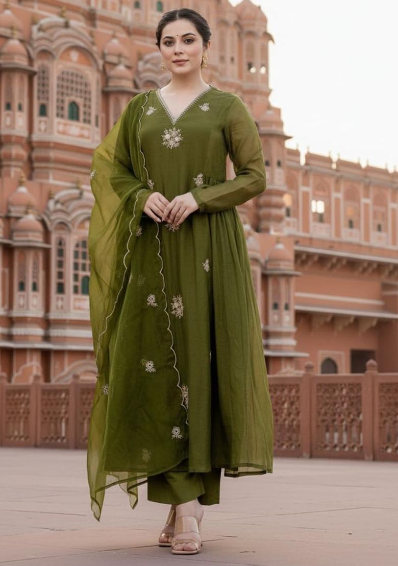 Olive Embroidered Cotton Kurta Set - Indya
