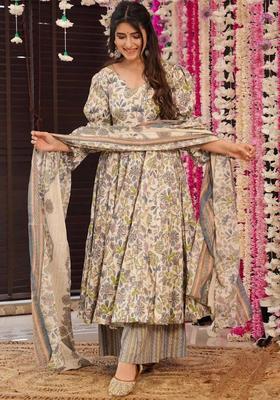 Beige Printed Viscose Kurta Set