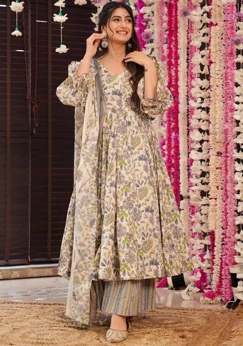 Beige Printed Viscose Kurta Set - Indya