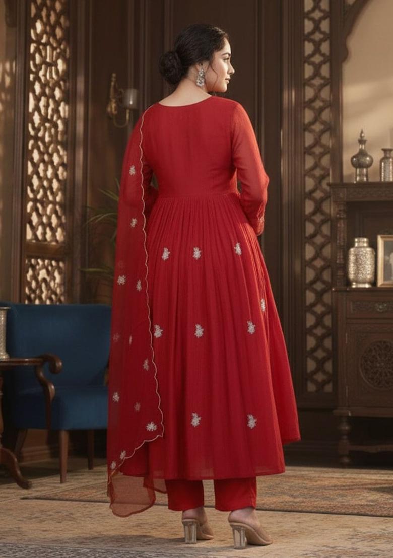 Red Embroidered Viscose Kurta Set - Indya