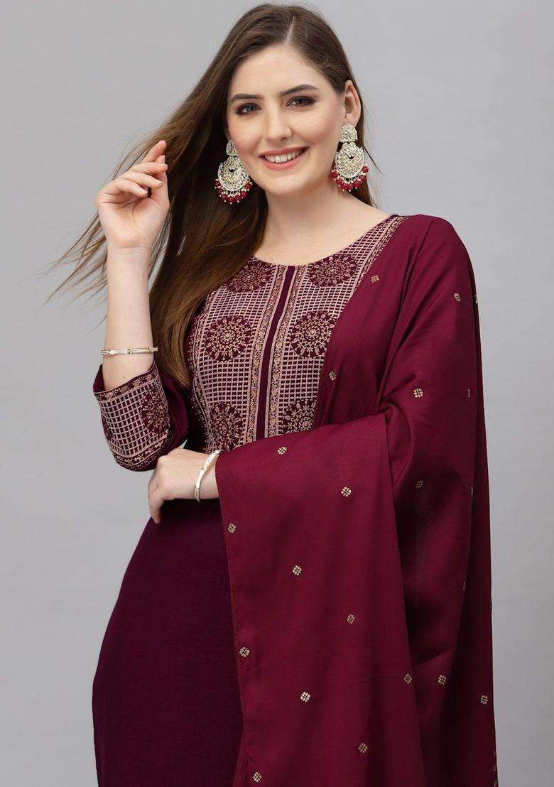 Maroon Embroidered Viscose Kurta Set - Indya