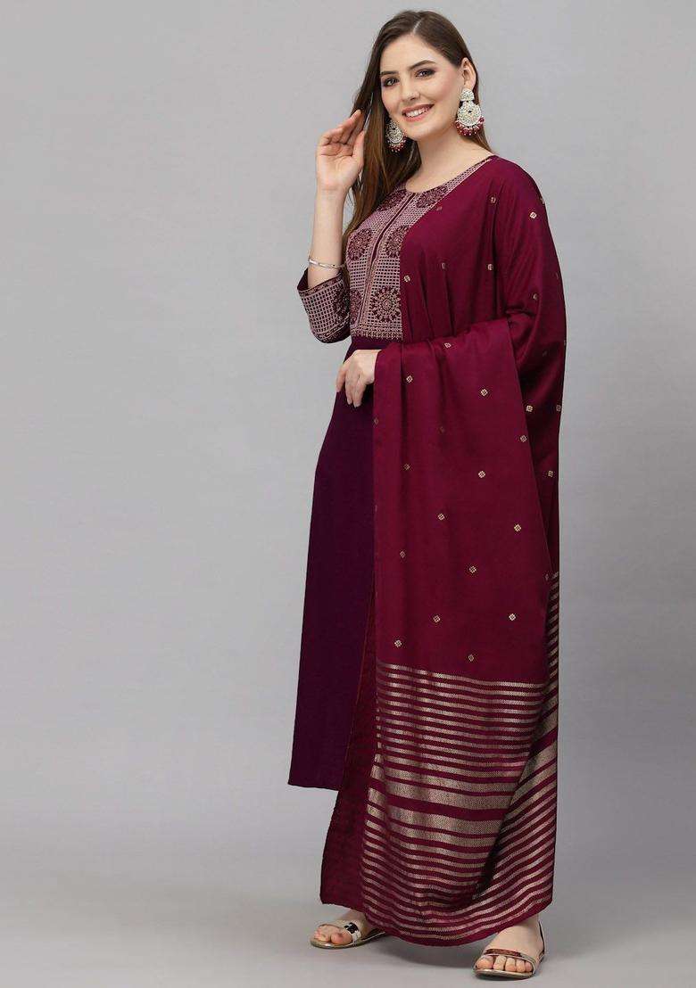 Maroon Embroidered Viscose Kurta Set - Indya