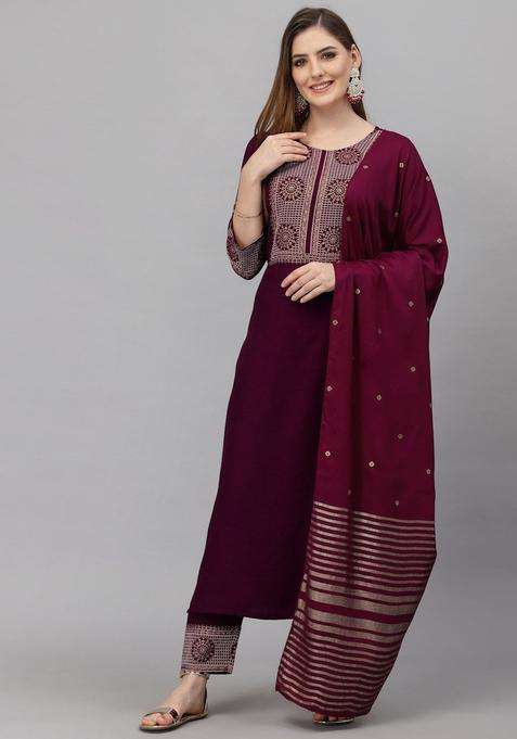 Maroon Embroidered Viscose Kurta Set