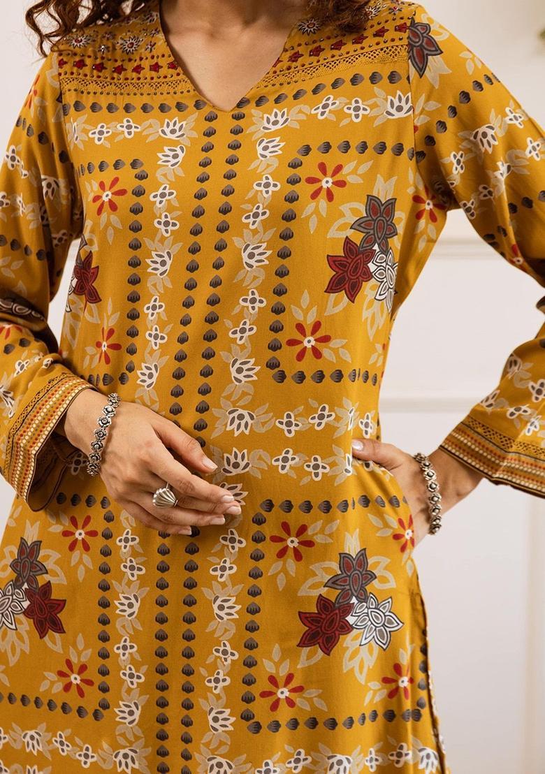 Yellow Printed Viscose Kurta Set - Indya