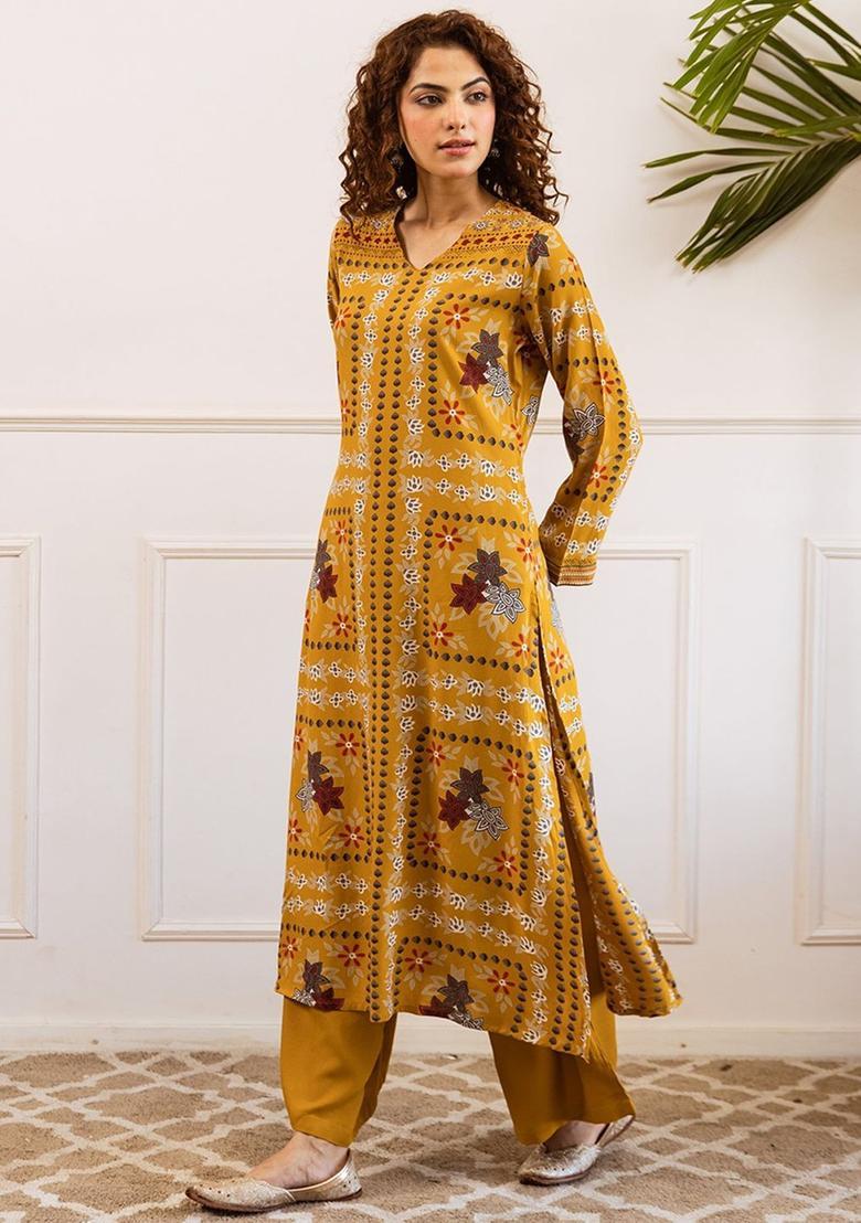 Yellow Printed Viscose Kurta Set - Indya