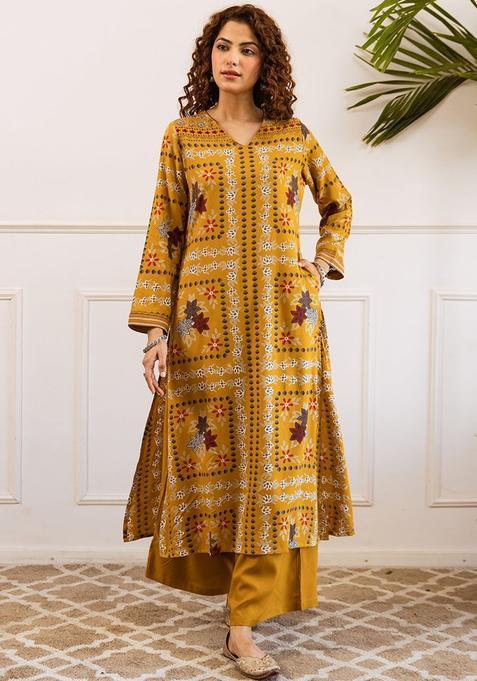 Yellow Printed Viscose Kurta Set — view on Indya