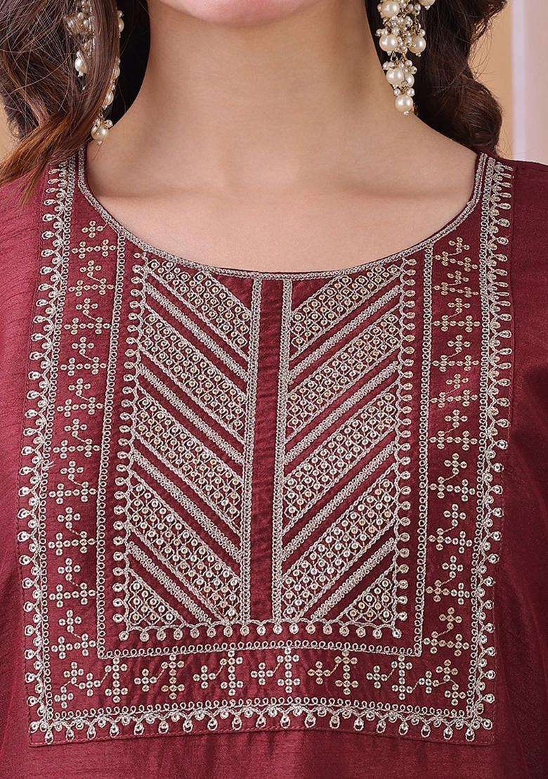 Maroon Yoke Design Silk Kurta Set - Indya