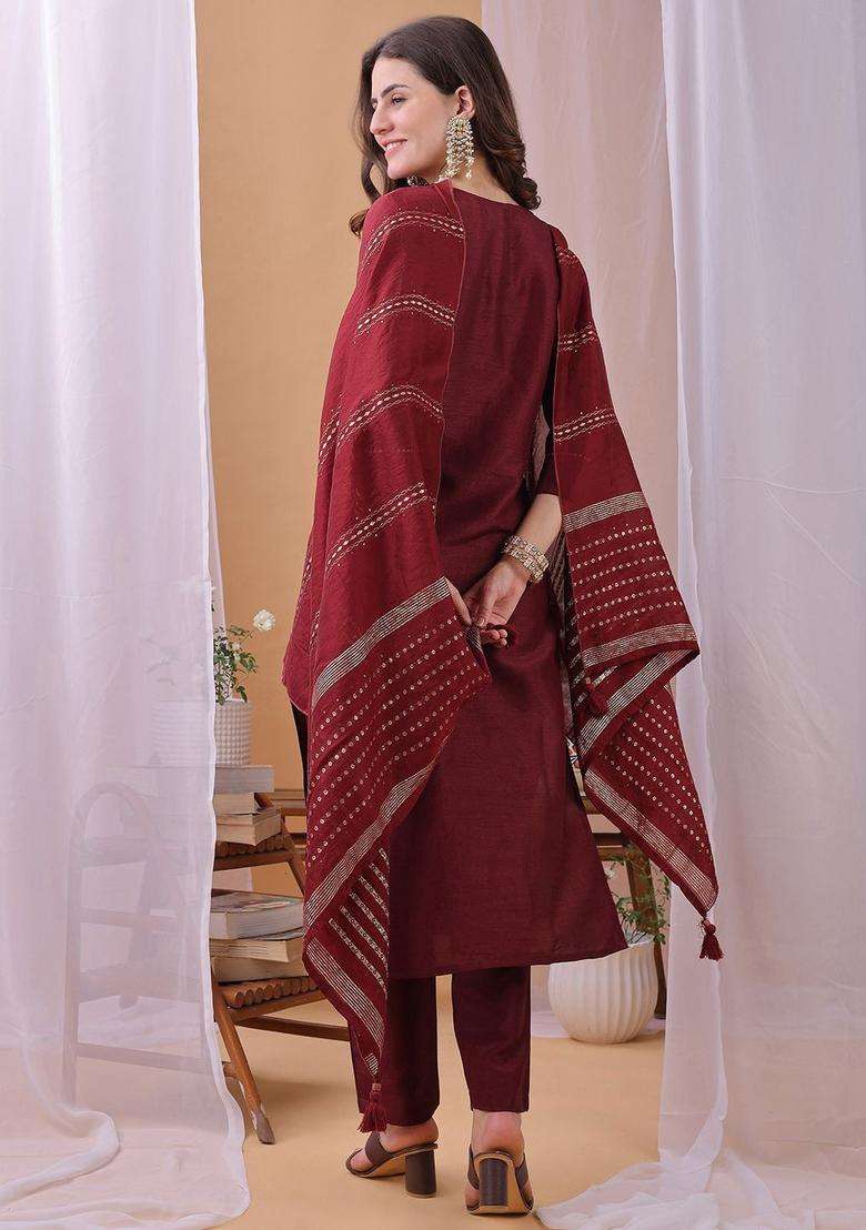 Maroon Yoke Design Silk Kurta Set - Indya