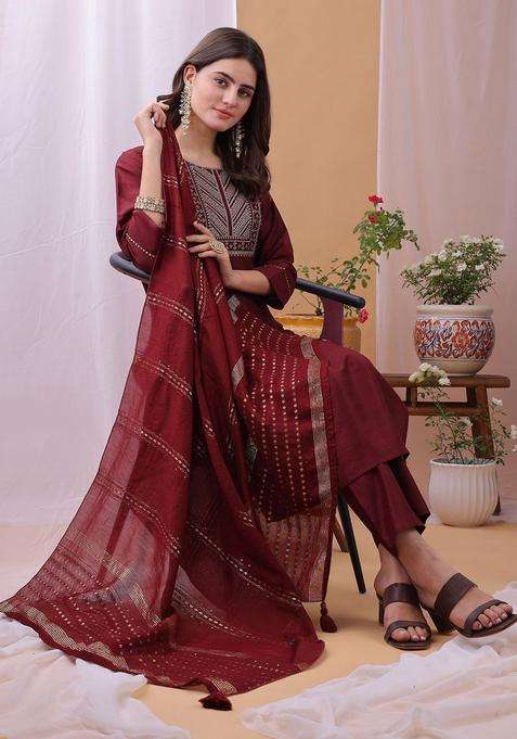 Maroon Yoke Design Silk Blend Kurta Set