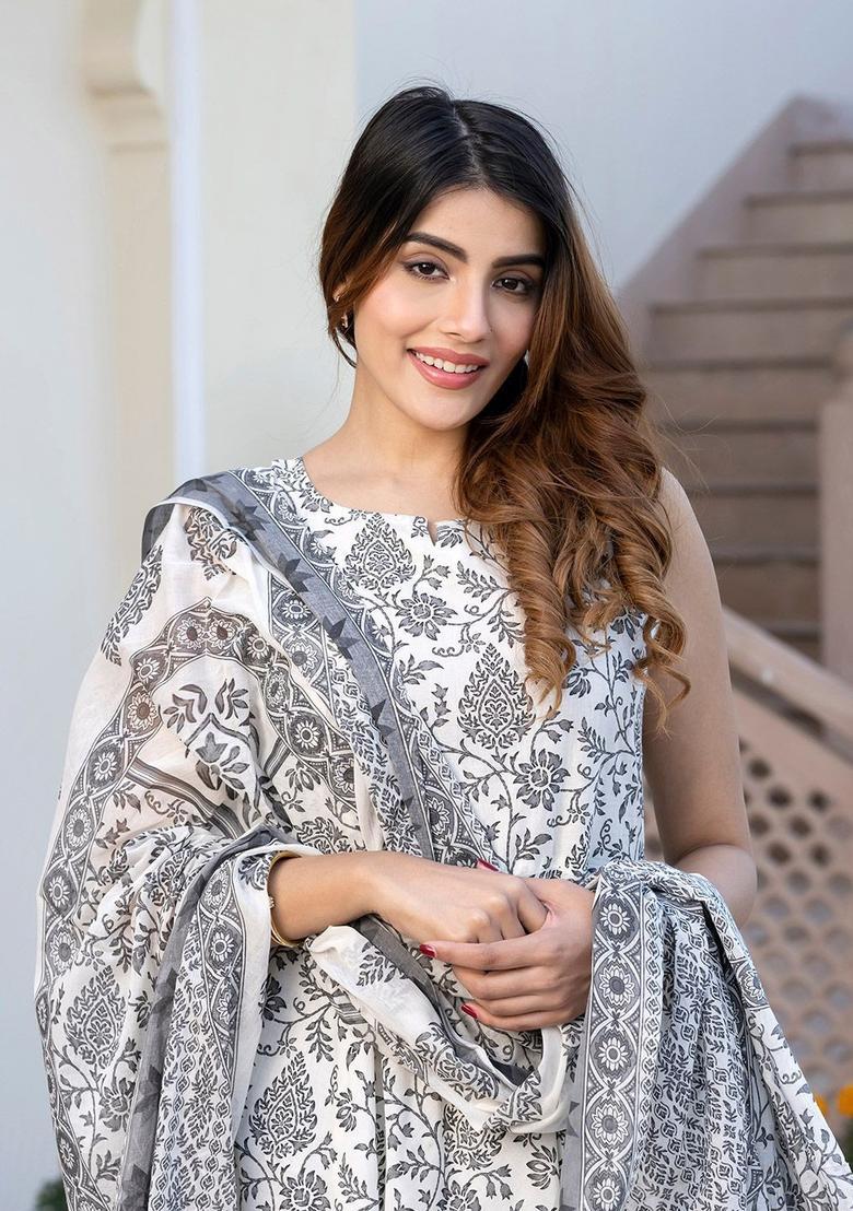 Grey Printed Cotton Kurta Set - Indya