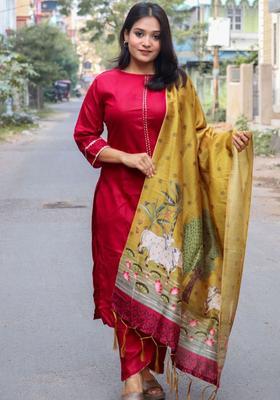 Red Solid Cotton Kurta Set