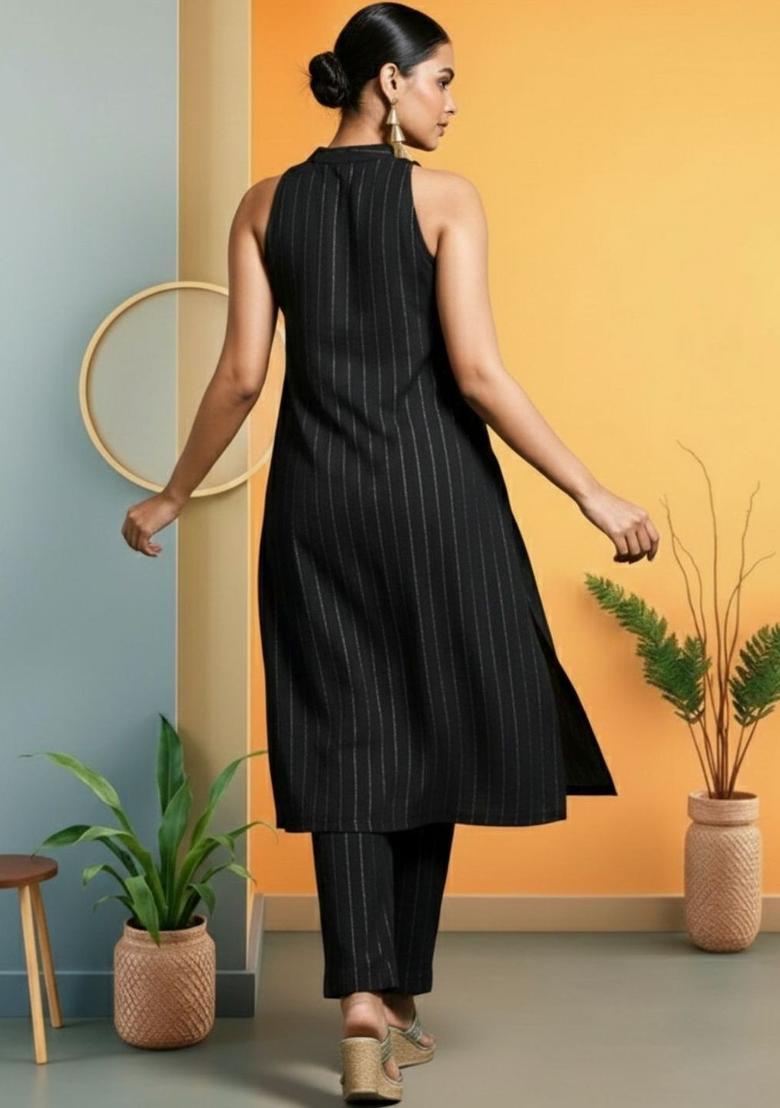 Black Striped Silk Kurta Set - Indya