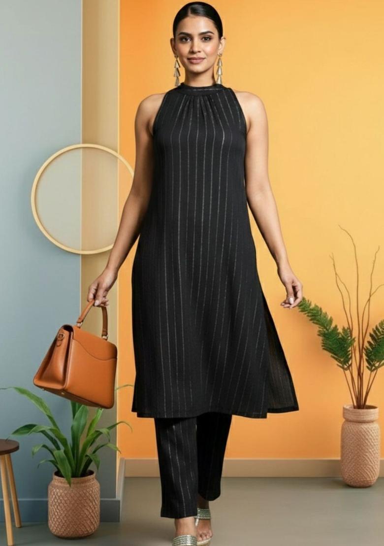 Black Striped Silk Kurta Set - Indya