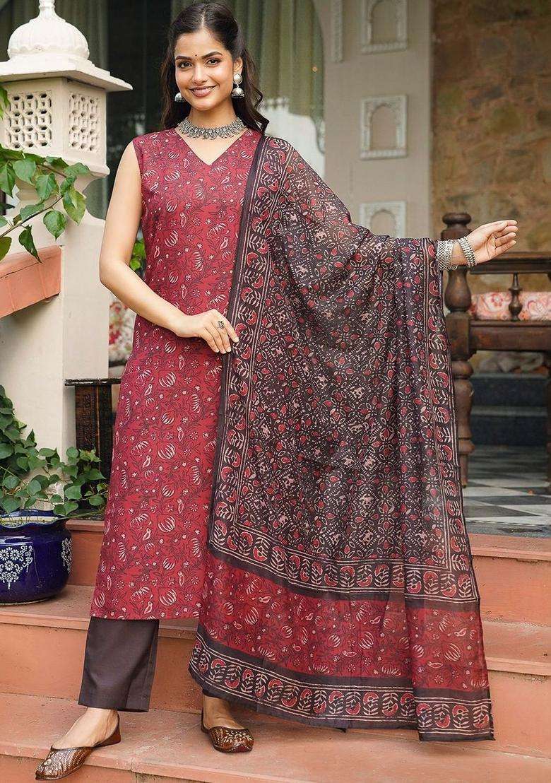 Maroon Printed Cotton Kurta Set - Indya