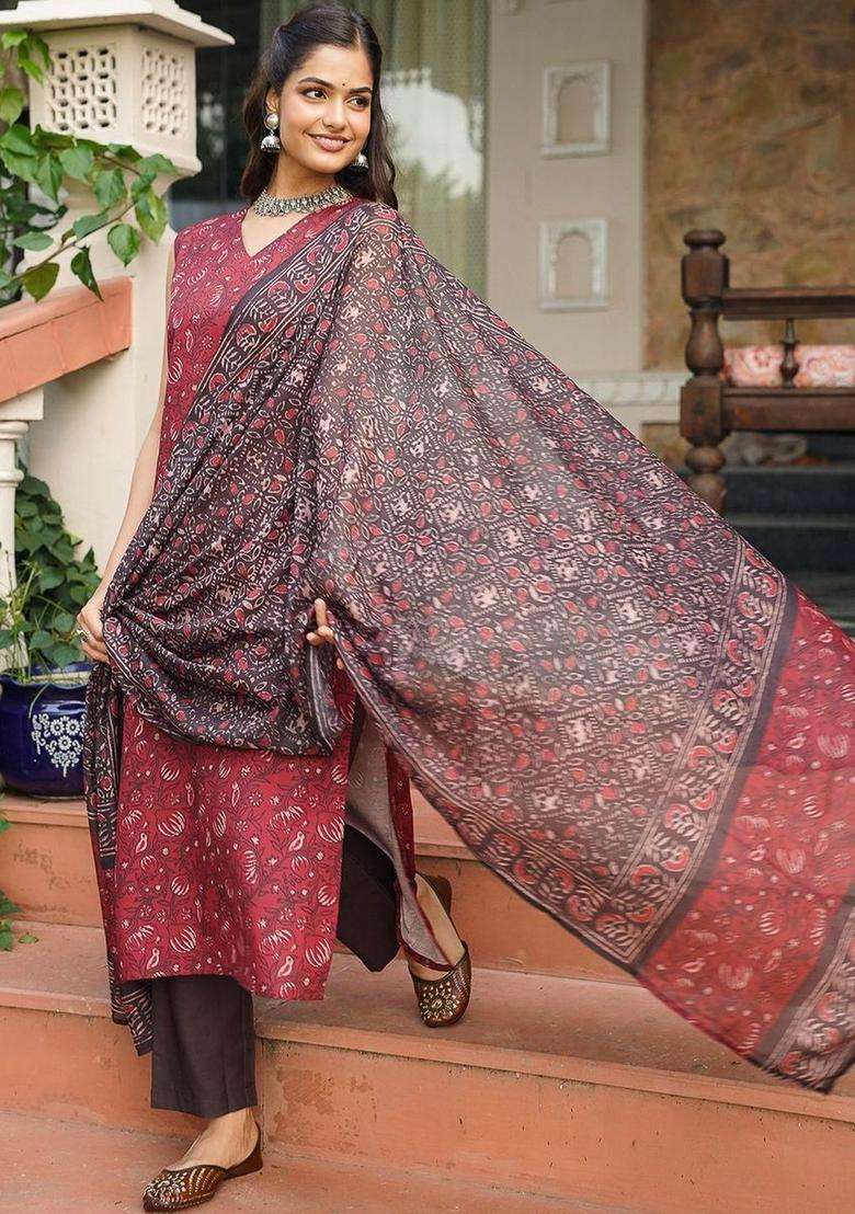 Maroon Printed Cotton Kurta Set - Indya