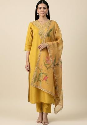 Yellow Embroidered Viscose Kurta Set