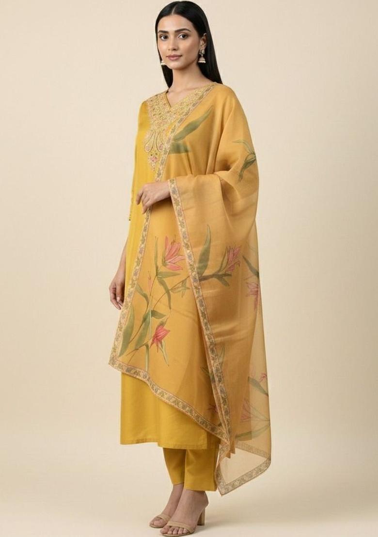 Yellow Embroidered Viscose Kurta Set - Indya