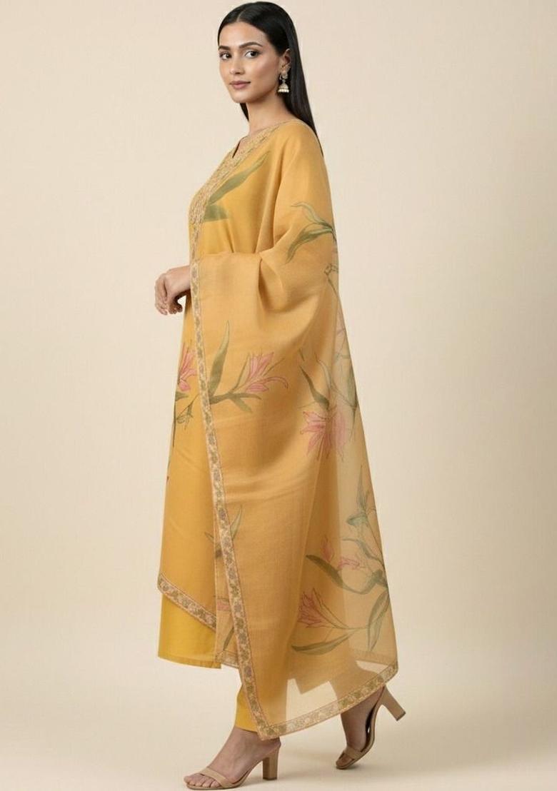 Yellow Embroidered Viscose Kurta Set - Indya