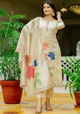 Beige Printed Viscose Kurta Set