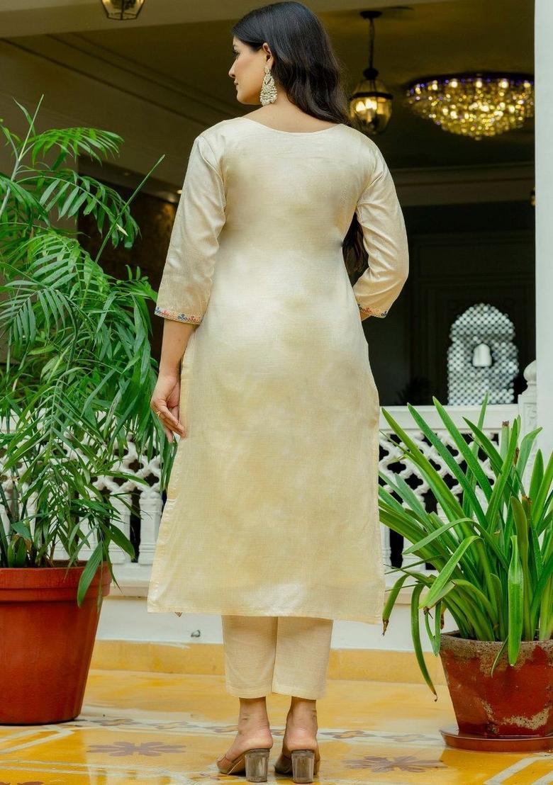 Beige Printed Viscose Kurta Set - Indya