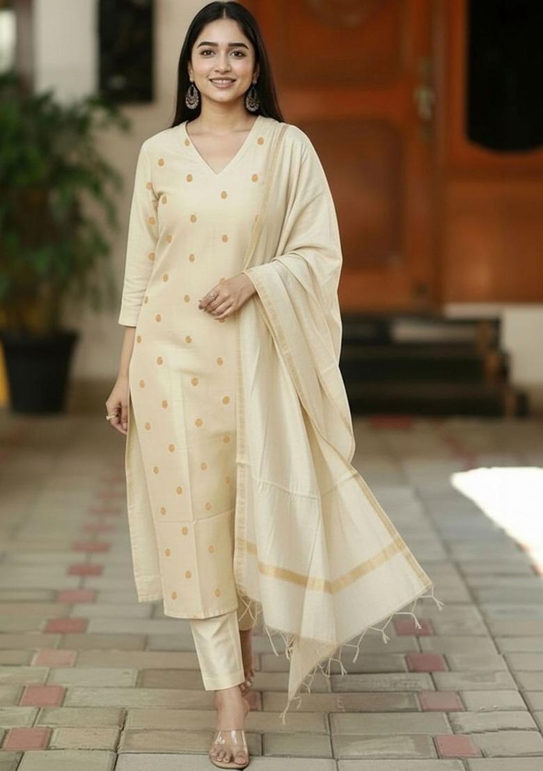 Beige Printed Viscose Kurta Set - Indya