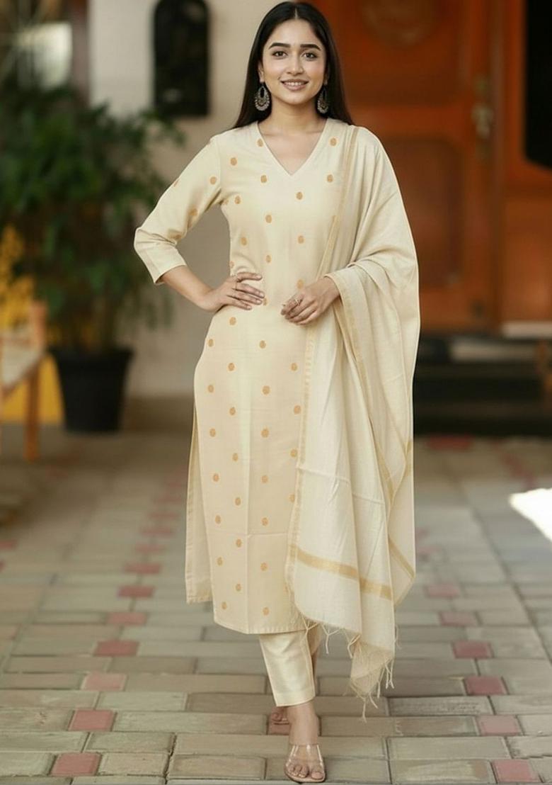 Beige Printed Viscose Kurta Set - Indya
