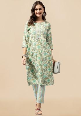 Beige Printed Cotton Kurta Set