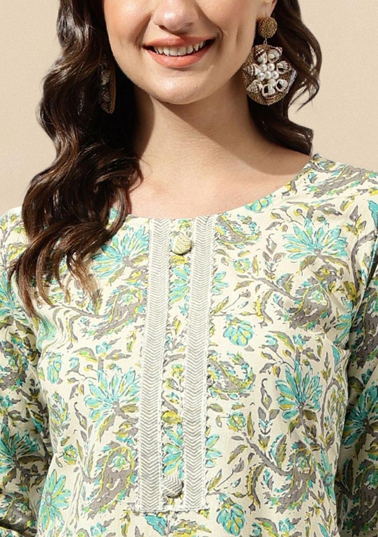 Beige Printed Cotton Kurta Set - Indya