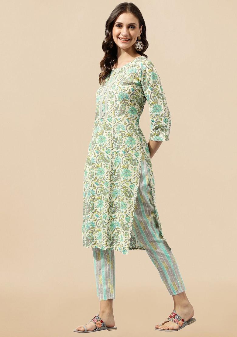 Beige Printed Cotton Kurta Set - Indya