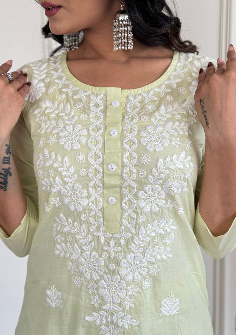 Green Embroidered Cotton Kurta Set - Indya