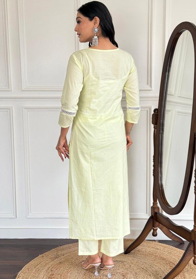 Green Embroidered Cotton Kurta Set - Indya