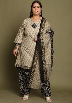 Beige Printed Cotton Kurta Set