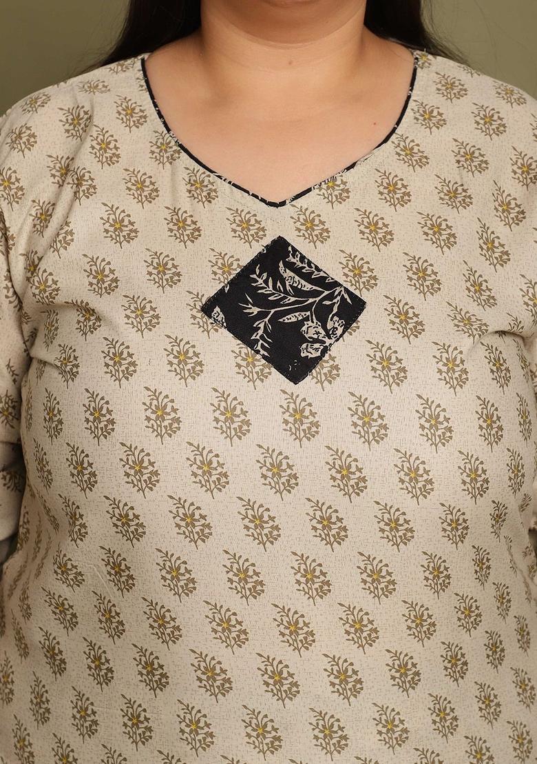 Beige Printed Cotton Kurta Set - Indya