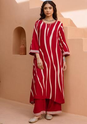 Red Striped Viscose Kurta Set