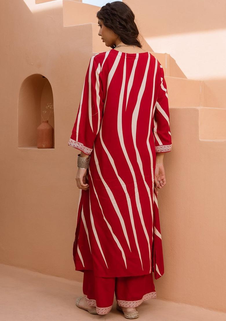 Red Striped Viscose Kurta Set - Indya