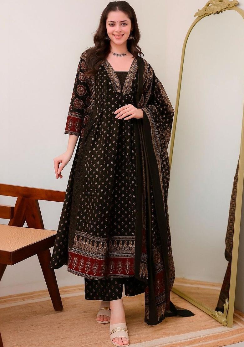 Black Printed Viscose Kurta Set - Indya