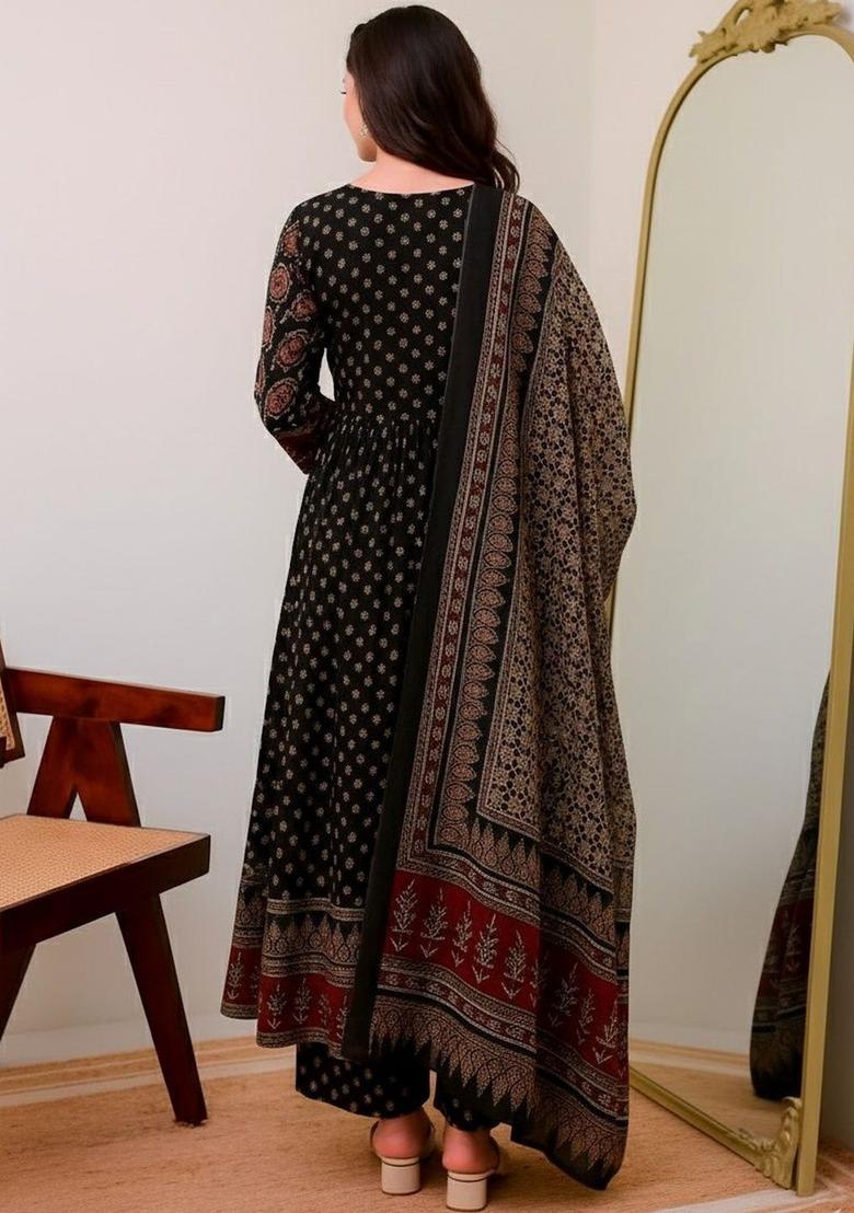 Black Printed Viscose Kurta Set - Indya