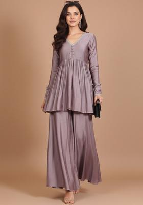 Purple Self Design Silk Blend Kurta Set
