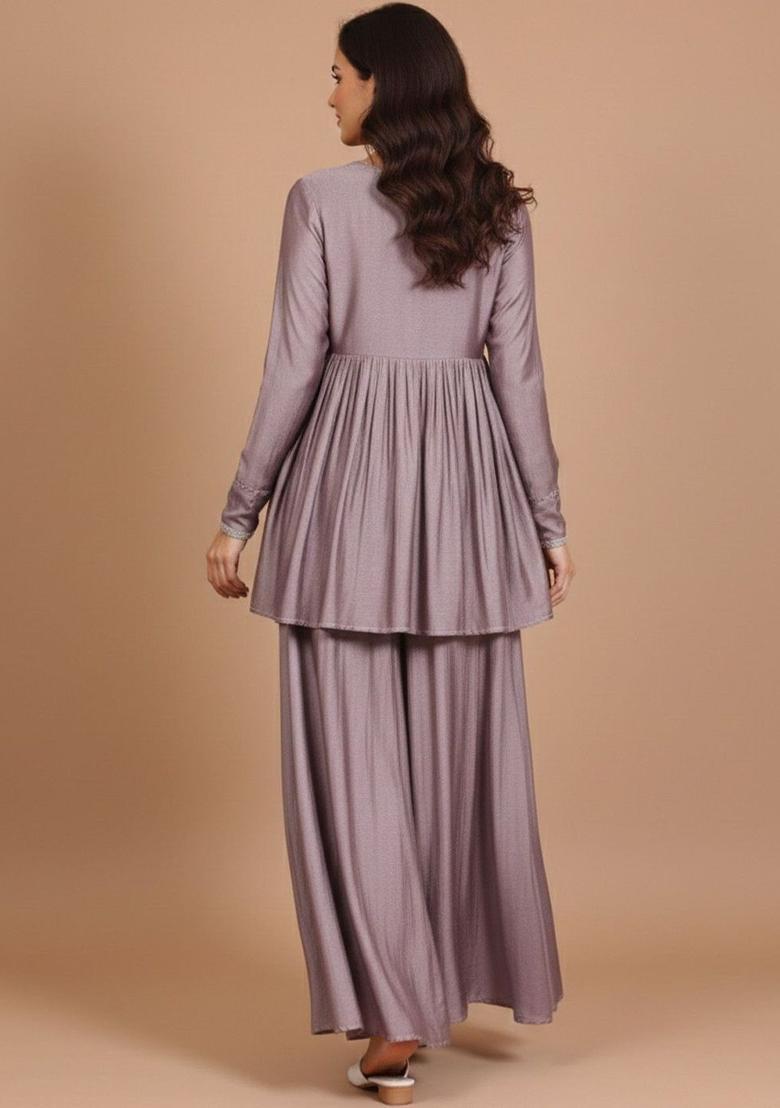 Purple Self Design Silk Kurta Set - Indya