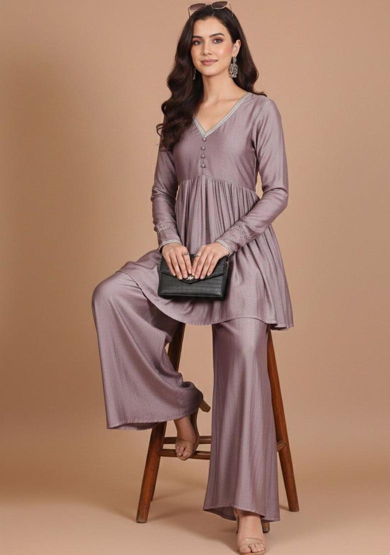 Purple Self Design Silk Kurta Set - Indya