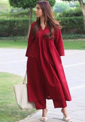 Maroon Solid Viscose Kurta Set