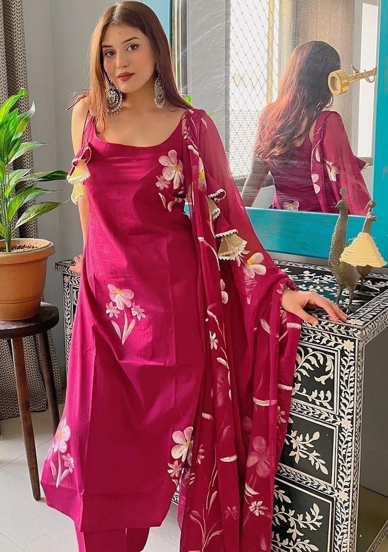 Pink Printed Crepe Kurta Set - Indya