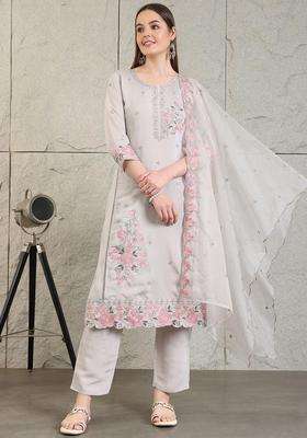 Grey Embroidered Cotton Kurta Set