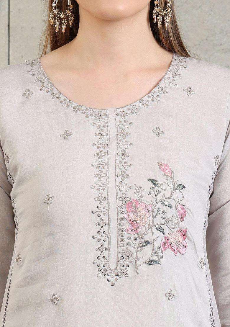 Grey Embroidered Cotton Kurta Set - Indya