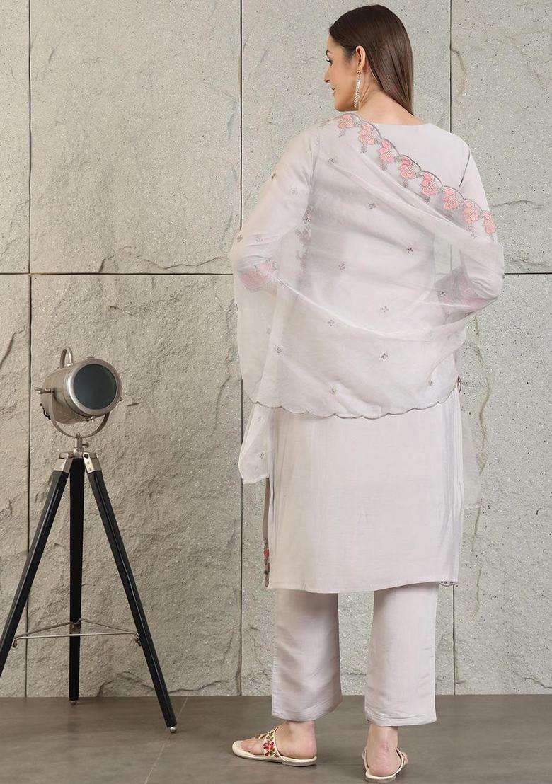 Grey Embroidered Cotton Kurta Set - Indya