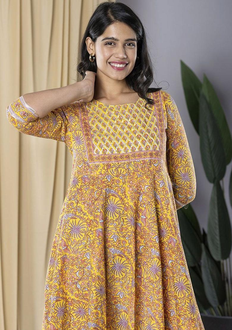 Yellow Printed Cotton Kurta Set - Indya