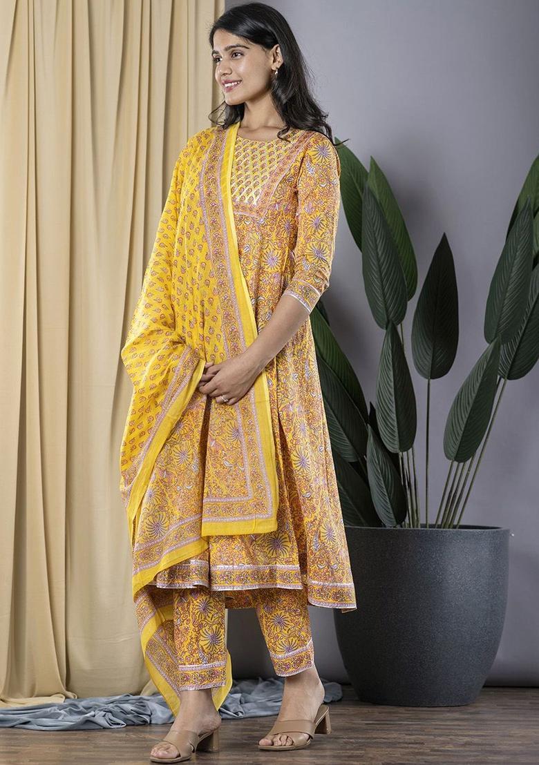 Yellow Printed Cotton Kurta Set - Indya