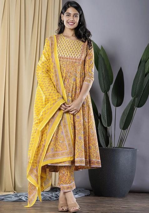 Yellow Printed Cotton Kurta Set — view on Indya