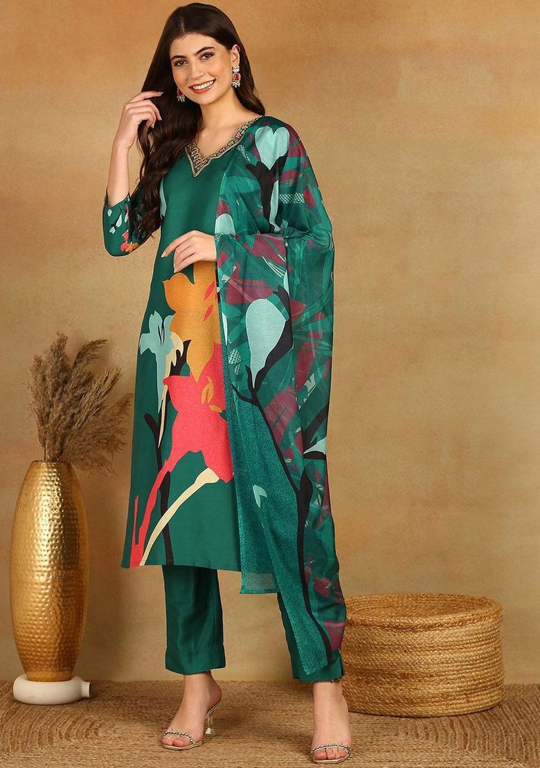 Green Printed Viscose Kurta Set - Indya